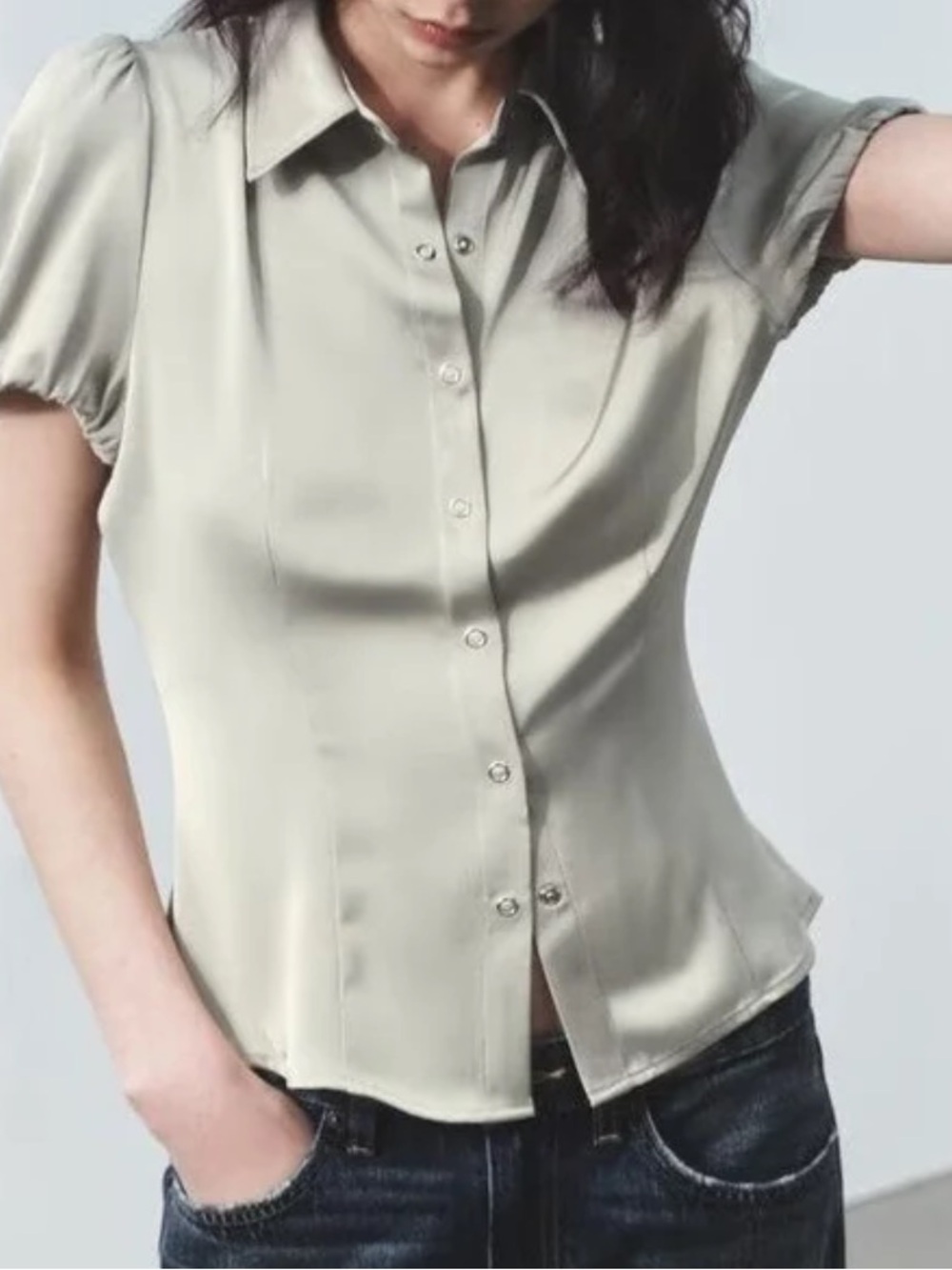 Zara Light Sage Short-Sleeve Button-Down Shirt